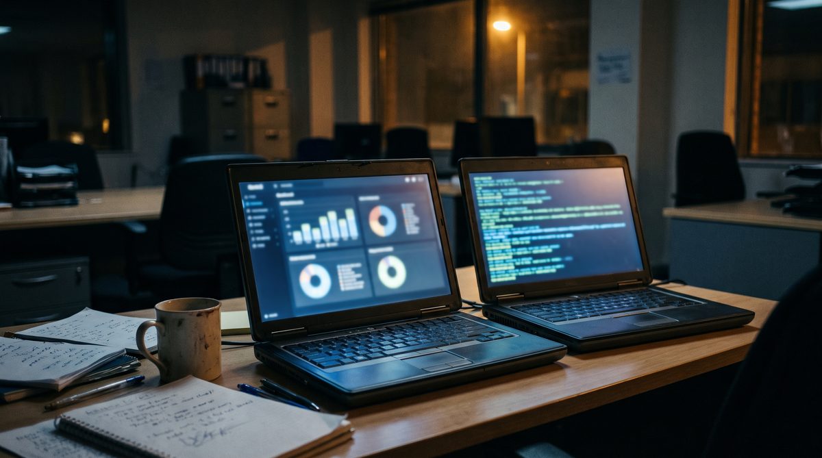 Dashboard on a monitor showing a list of tracked competitor updates and change alerts