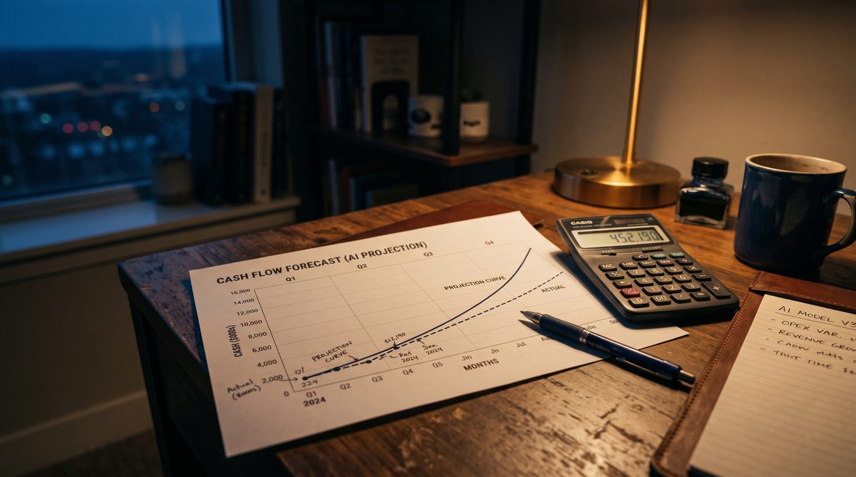 Laptop displaying a cash flow chart beside a printed bank statement and calculator
