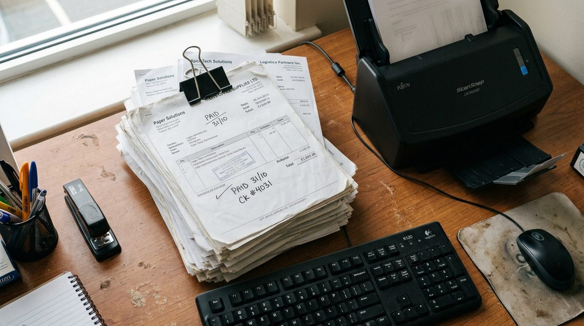 Stack of paper invoices beside a laptop showing extracted data fields