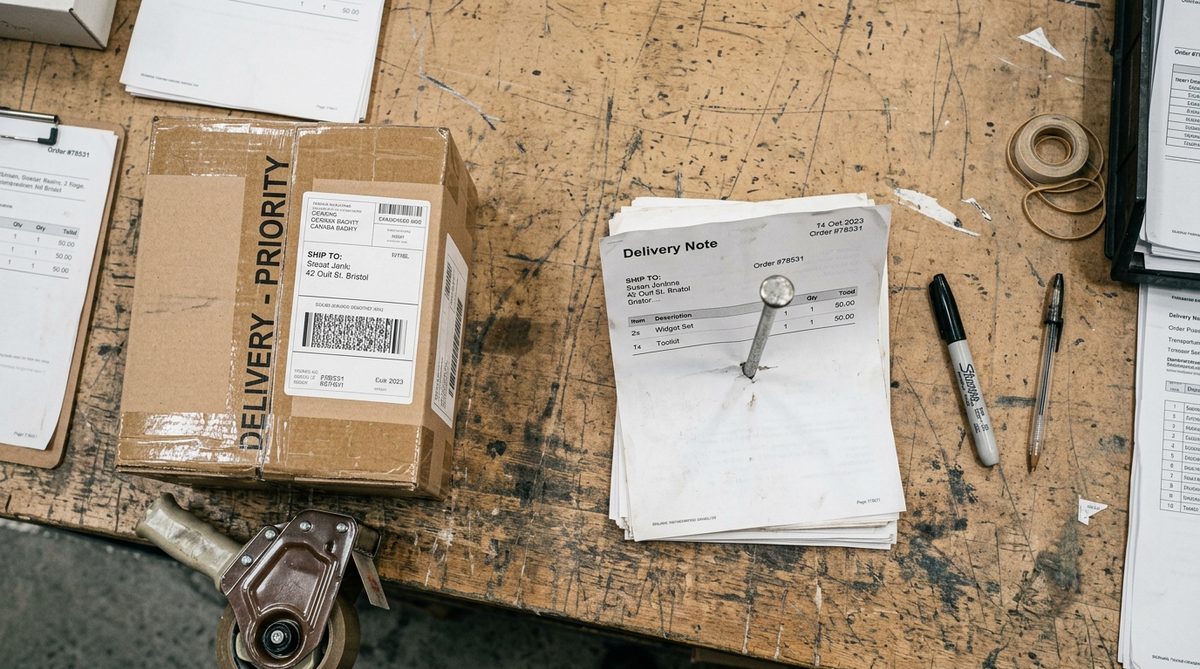 Warehouse shelving with boxes and a person reviewing an order on a tablet
