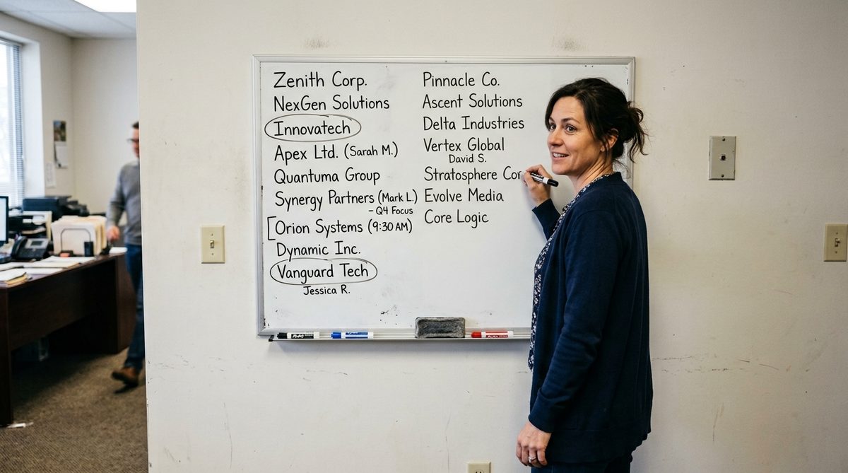 A whiteboard with a shortlist of target accounts and contact names mapped out