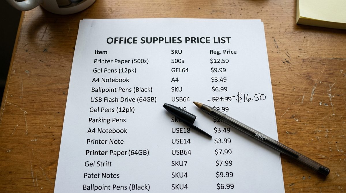 Printed price list on a desk with a pen resting on a marked-up discount column