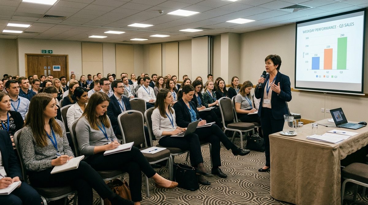 A speaker presenting to a small room of industry professionals at a trade event