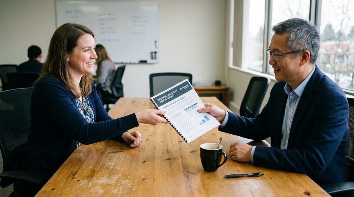 Two people reviewing printed results and charts at a table