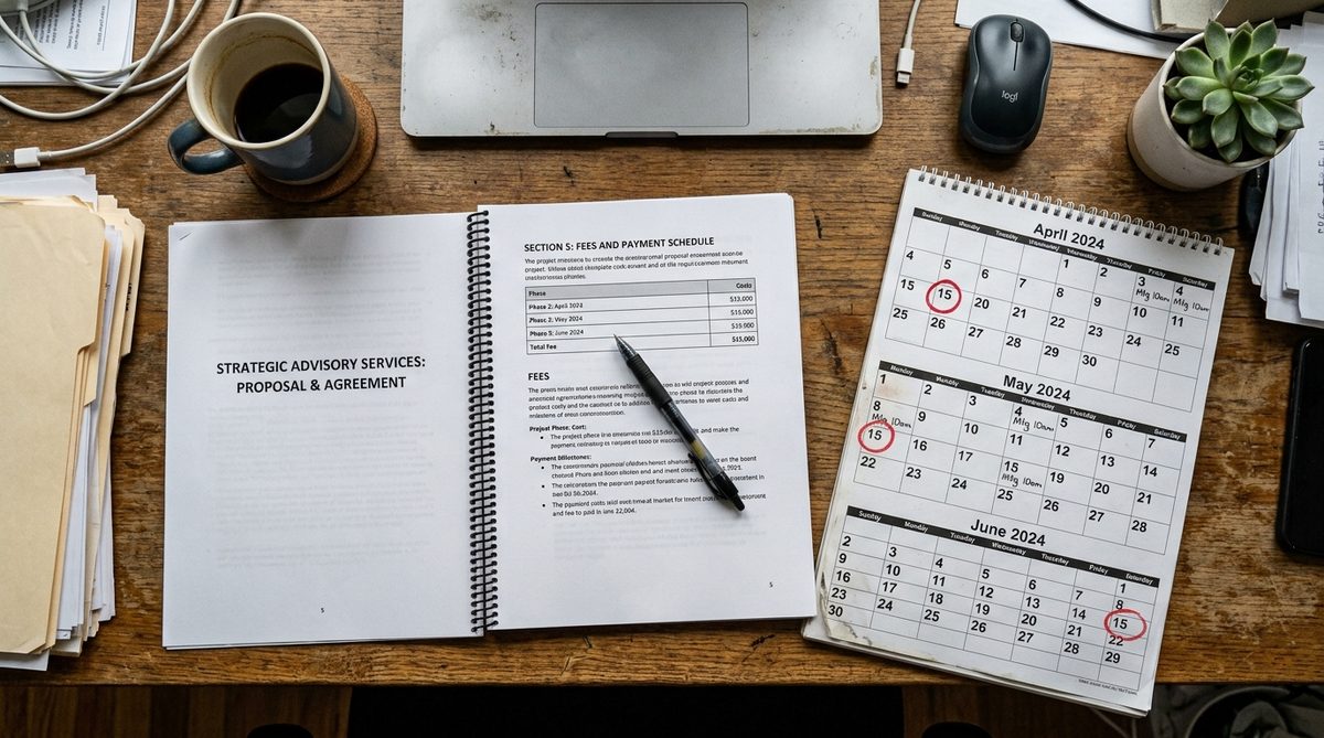 A desk with a consulting proposal, calculator, and calendar showing monthly retainer dates