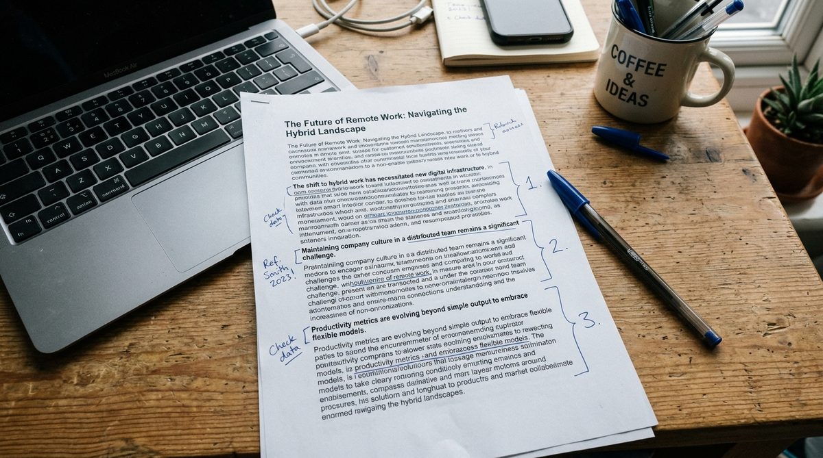 Desk with a long-form document on screen and handwritten notes breaking it into smaller pieces