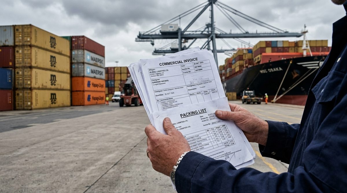 Shipping containers at a European port with paperwork in the foreground
