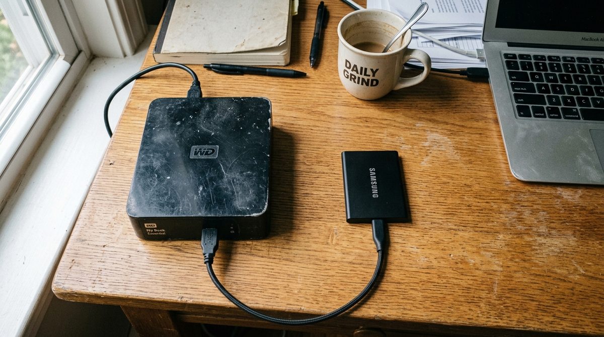Two laptops on a desk showing data being transferred between systems