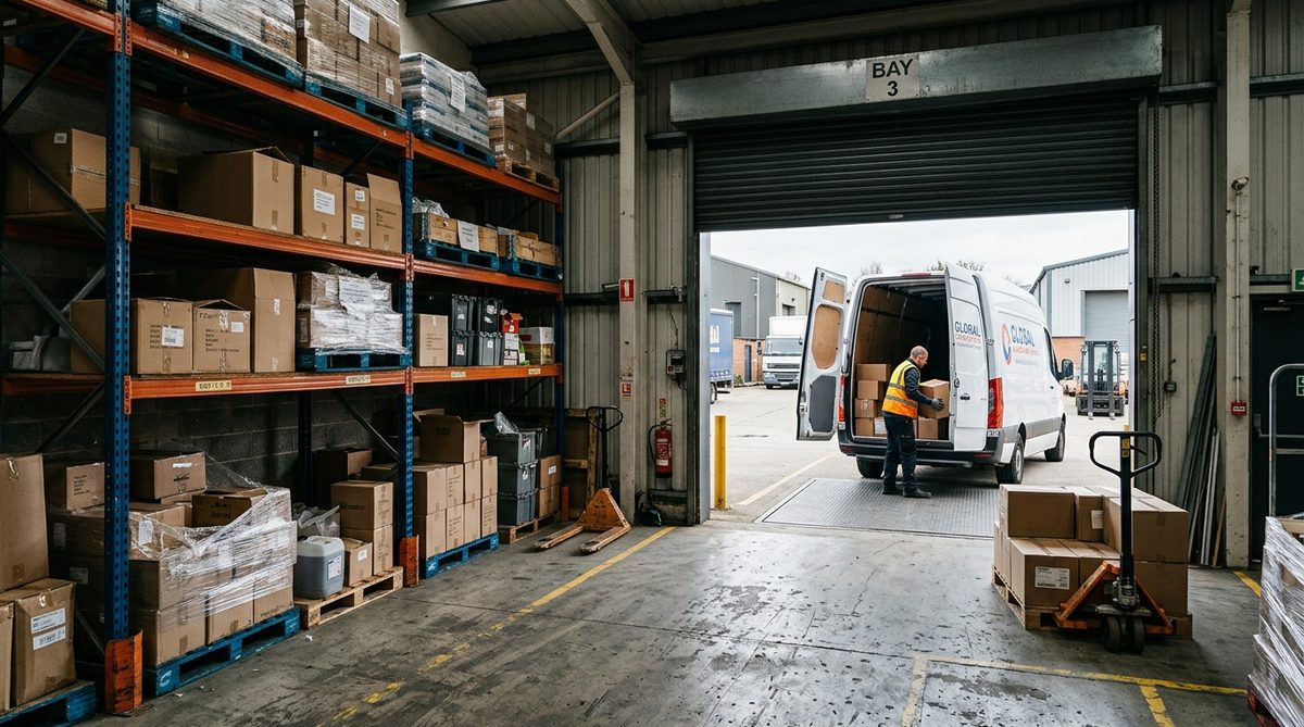 Warehouse shelving on one side and a delivery van at a loading bay on the other