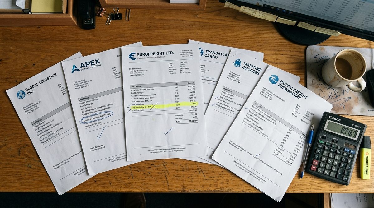 Desk with an invoice, a laptop showing a VAT return form, and a European map