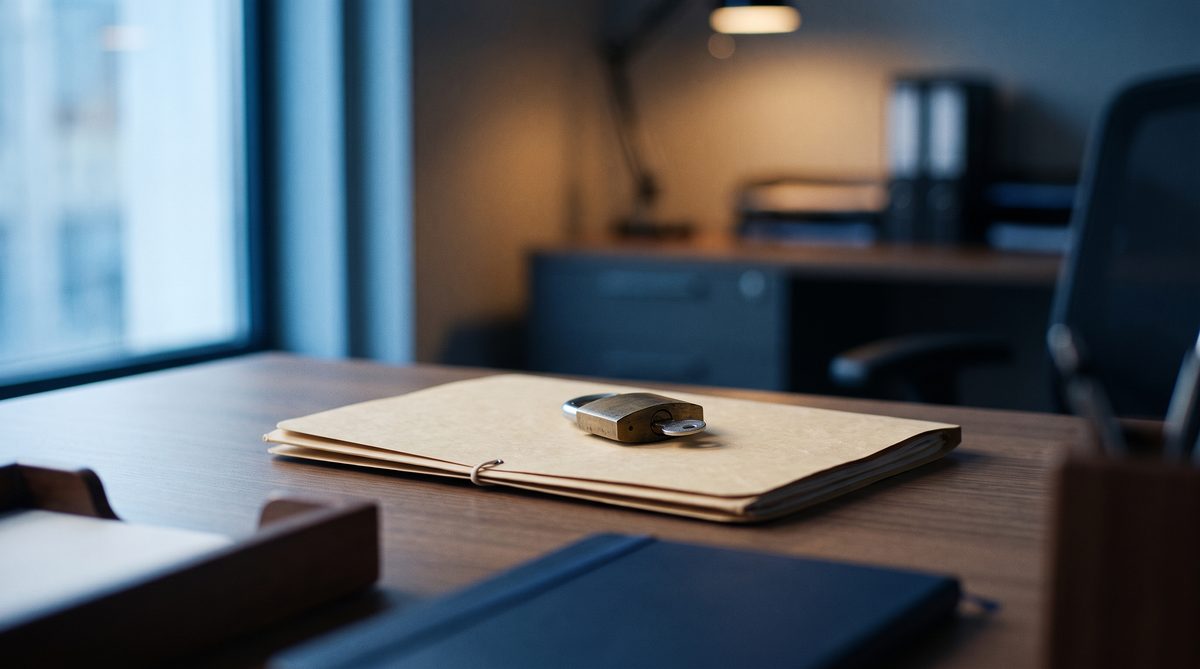Desk with a laptop, a printed policy document and a pen, arranged for a compliance review