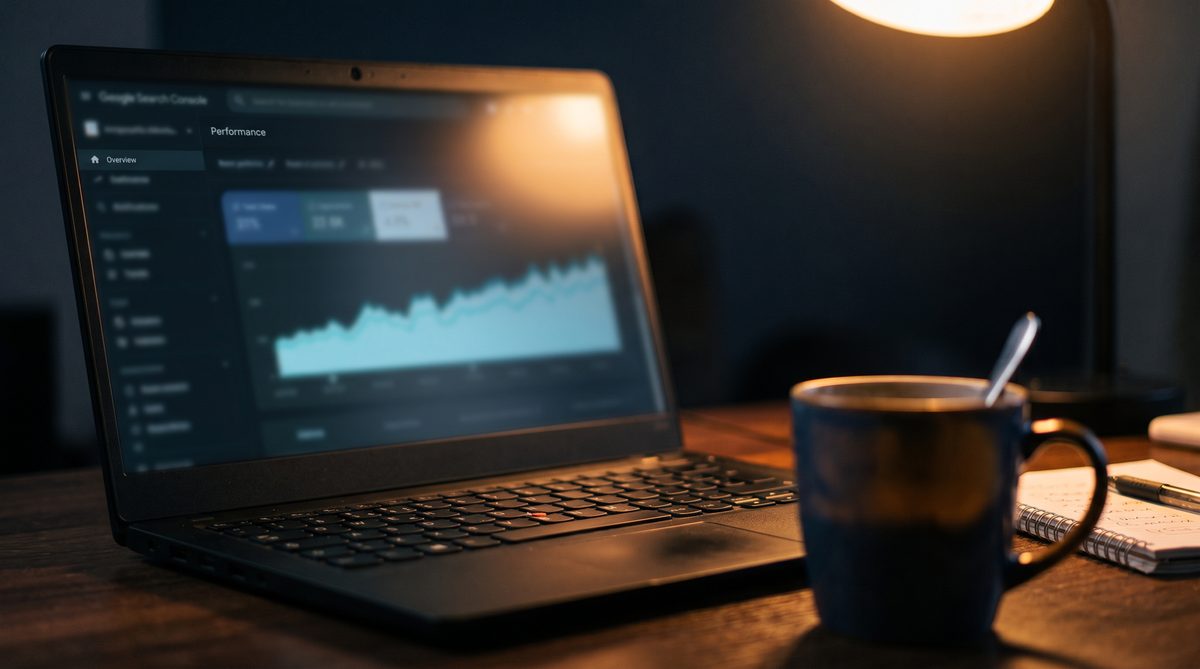 Laptop screen showing a search performance graph with impressions and clicks over time