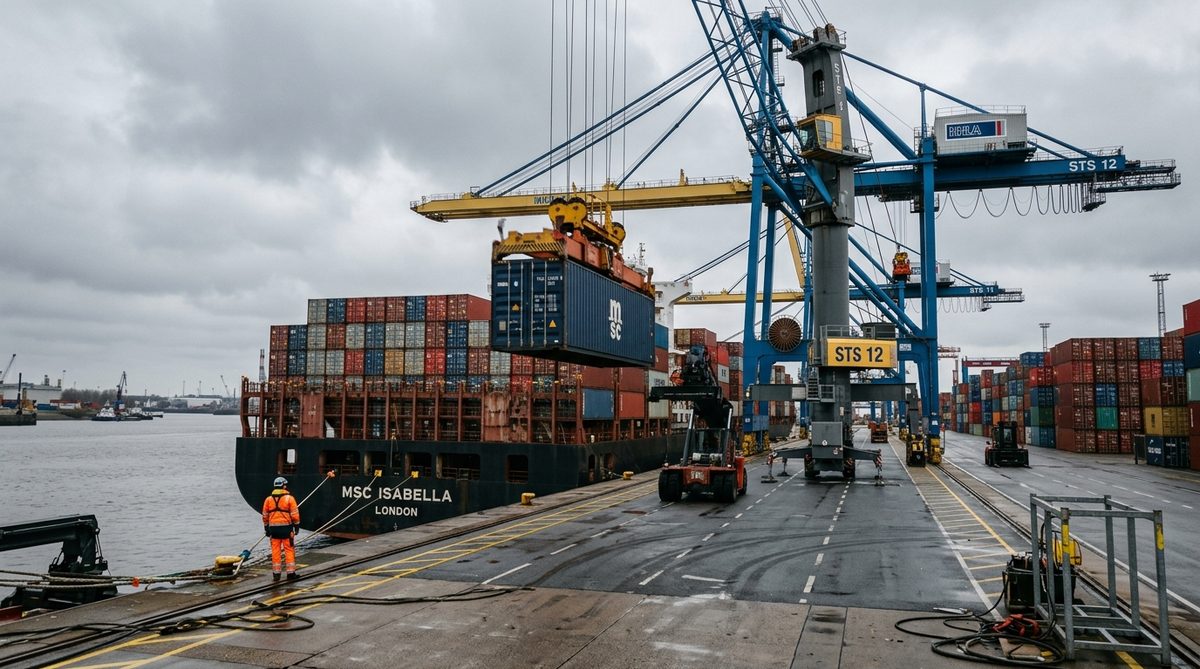 Shipping containers at a port with cargo documentation
