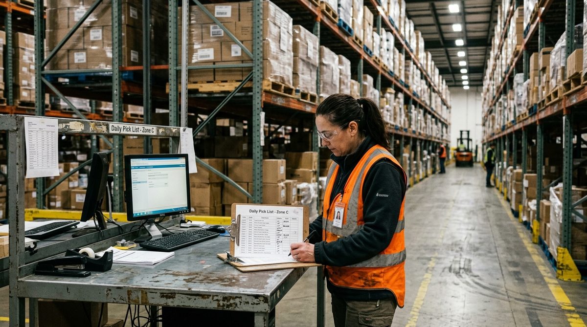 Warehouse shelving with stacked cartons and a clipboard showing stock figures
