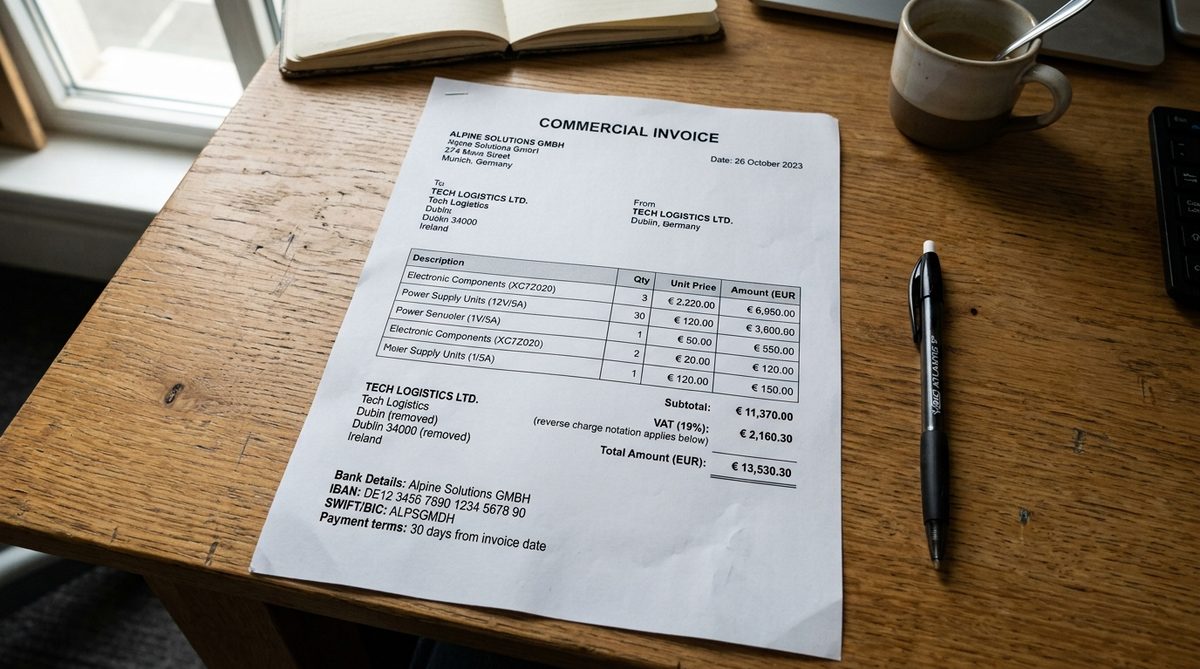 Person reviewing invoices and financial documents at a desk with a laptop