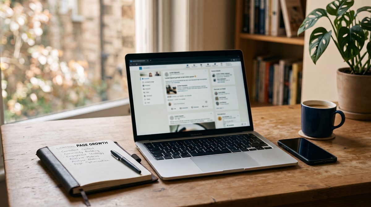 Laptop screen showing a B2B company page profile next to a notebook and coffee