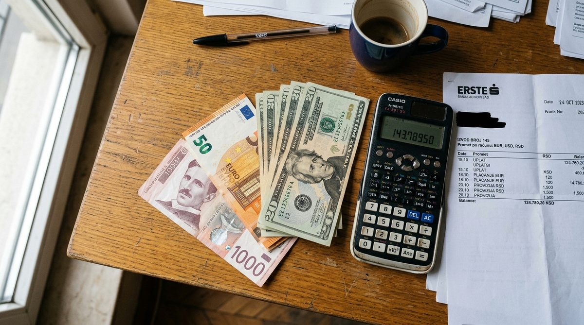 An accountant's desk with currency conversion figures and invoices in euros and dollars