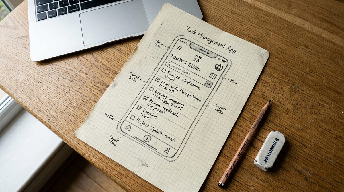 A person sketching an app layout on paper next to a laptop