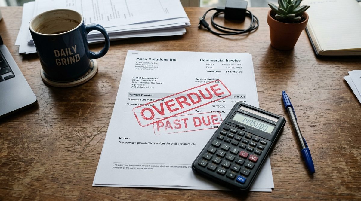 Printed invoice and a calculator on a desk beside a laptop showing a cash flow spreadsheet