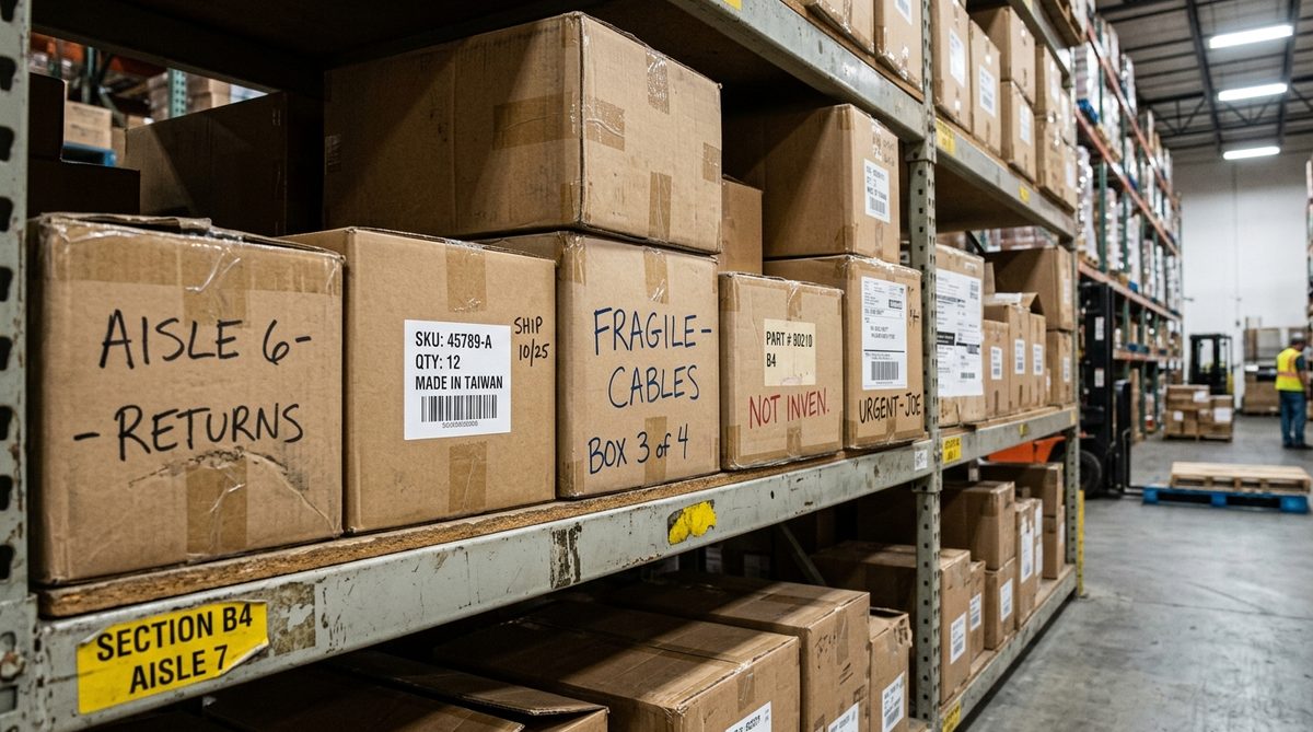 A warehouse office screen showing a product catalog spreadsheet with inconsistent entries