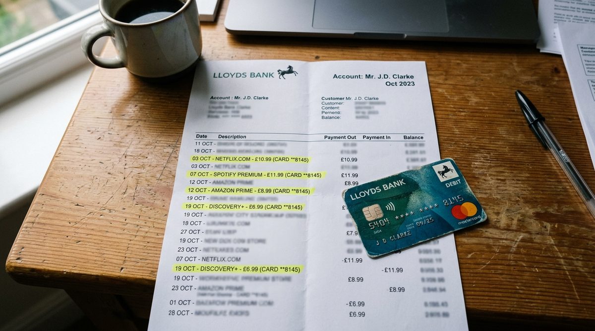 Desk with a laptop showing subscription billing statements and a calculator