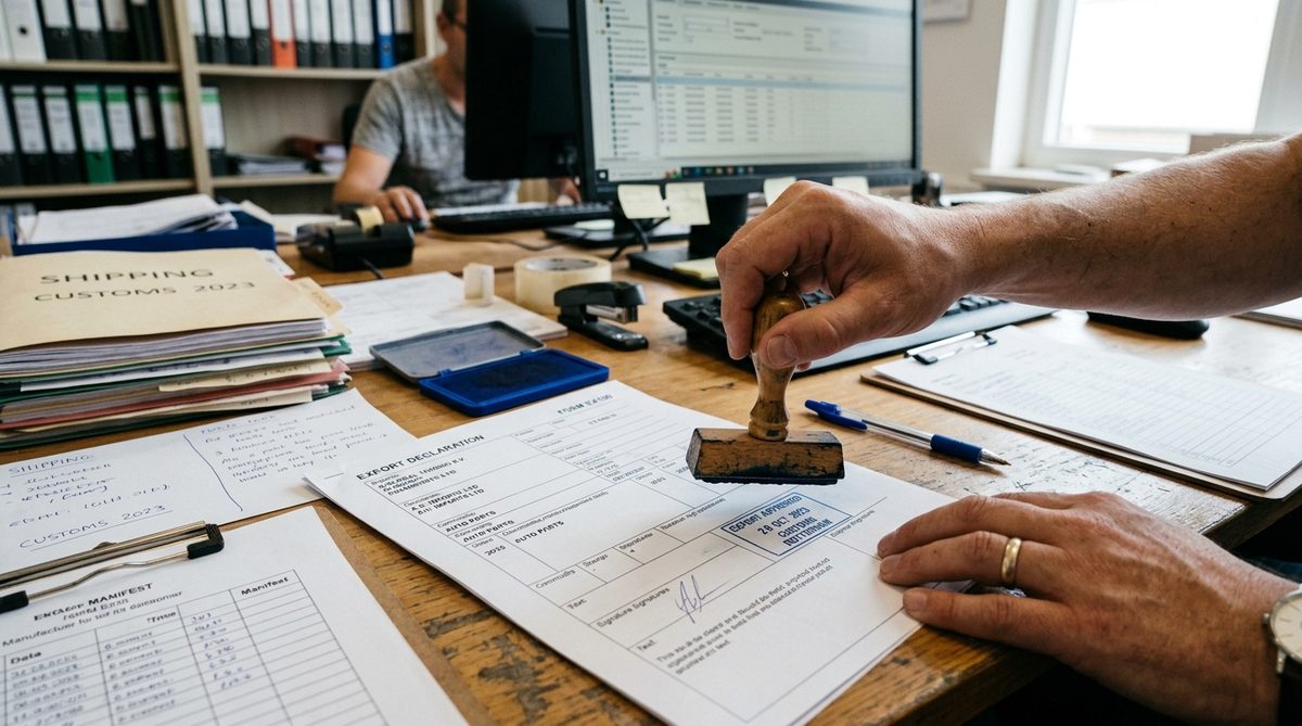 A desk with trade documents and a laptop showing a compliance checklist