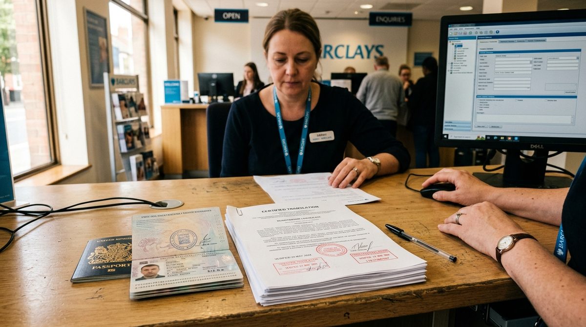 Bank documents, a passport and a laptop on a desk in an office in Belgrade