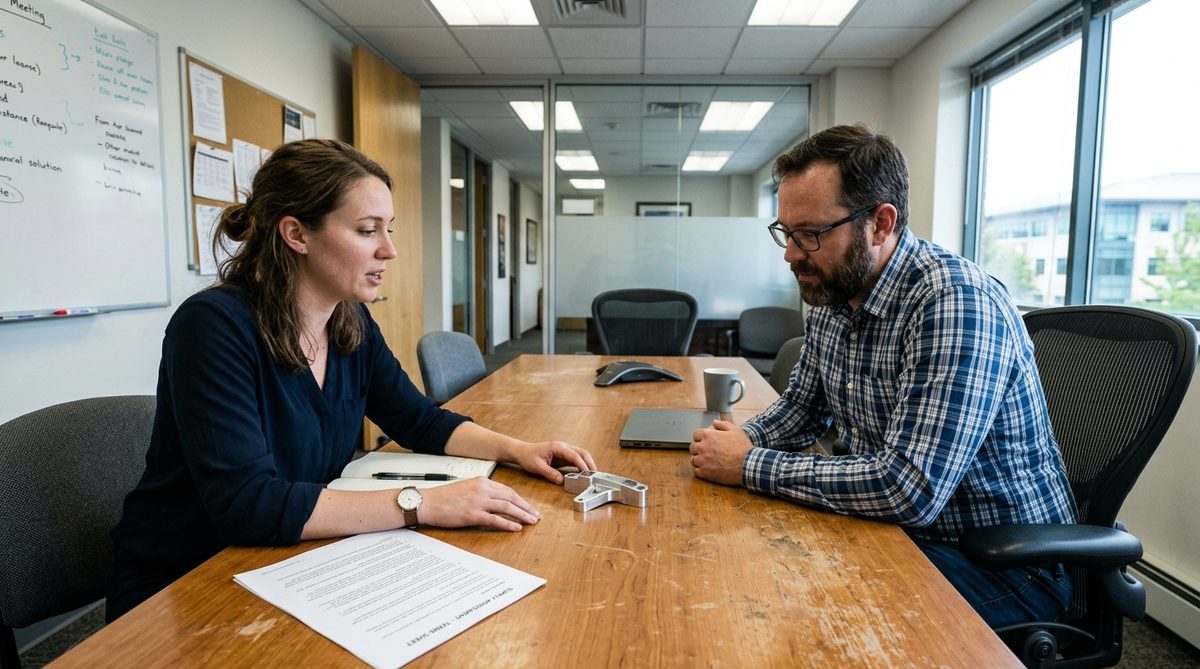 Two people reviewing a supply contract and a product sample across a table