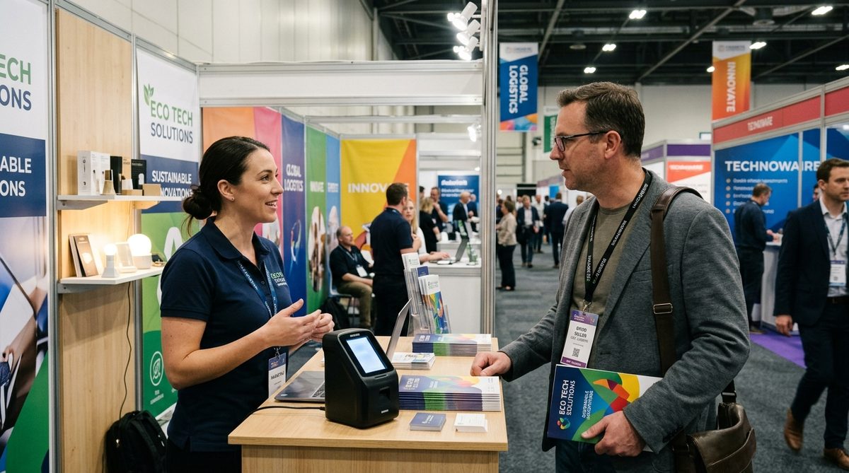 Exhibition hall aisle with trade fair stands and visitors holding brochures