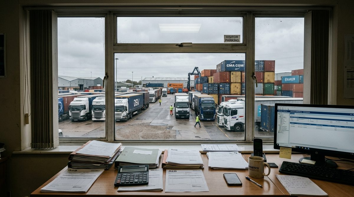 Trucks and shipping containers at a freight logistics terminal