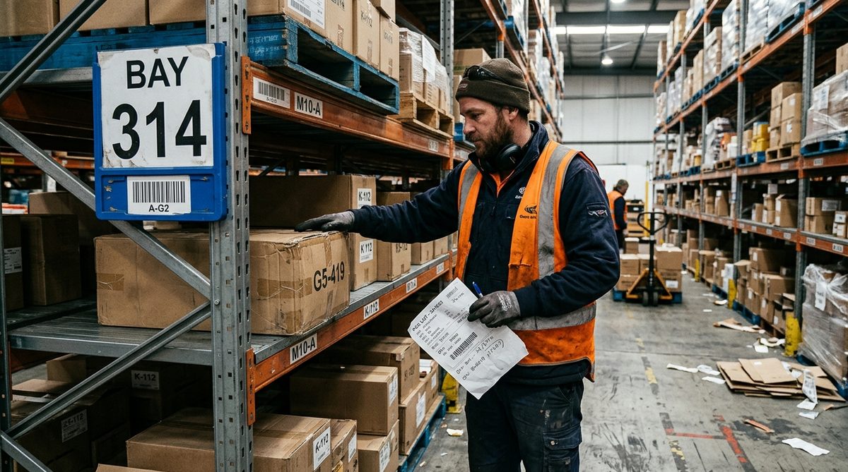 Small warehouse aisle with pallet racking and boxes stacked on shelves