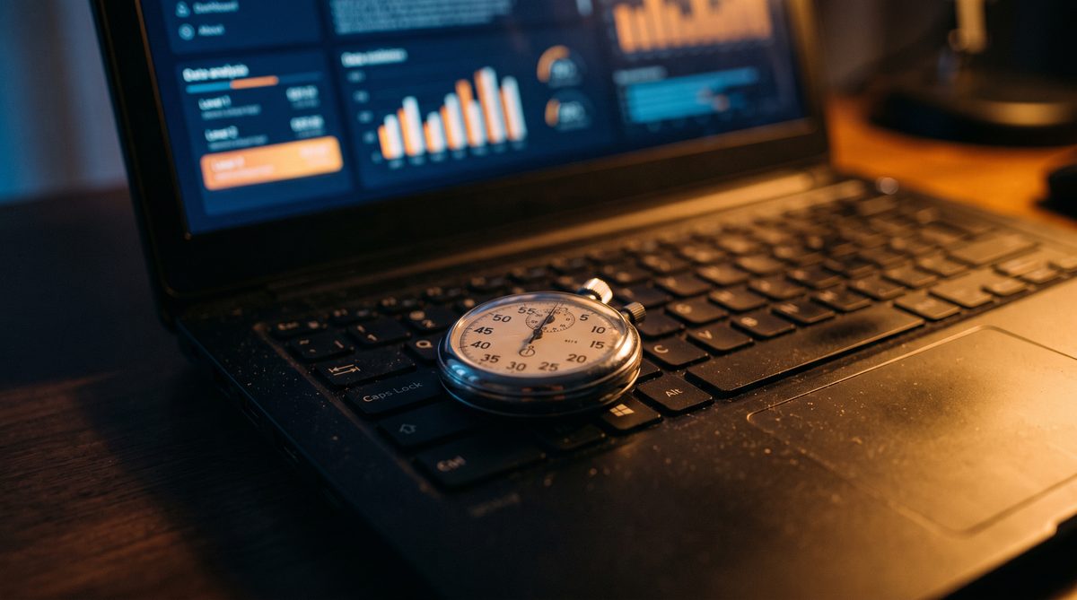 Laptop showing a website performance report with speed metrics on screen