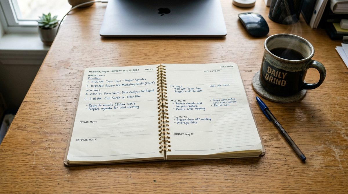 A planner, laptop, and coffee laid out for a weekly work review